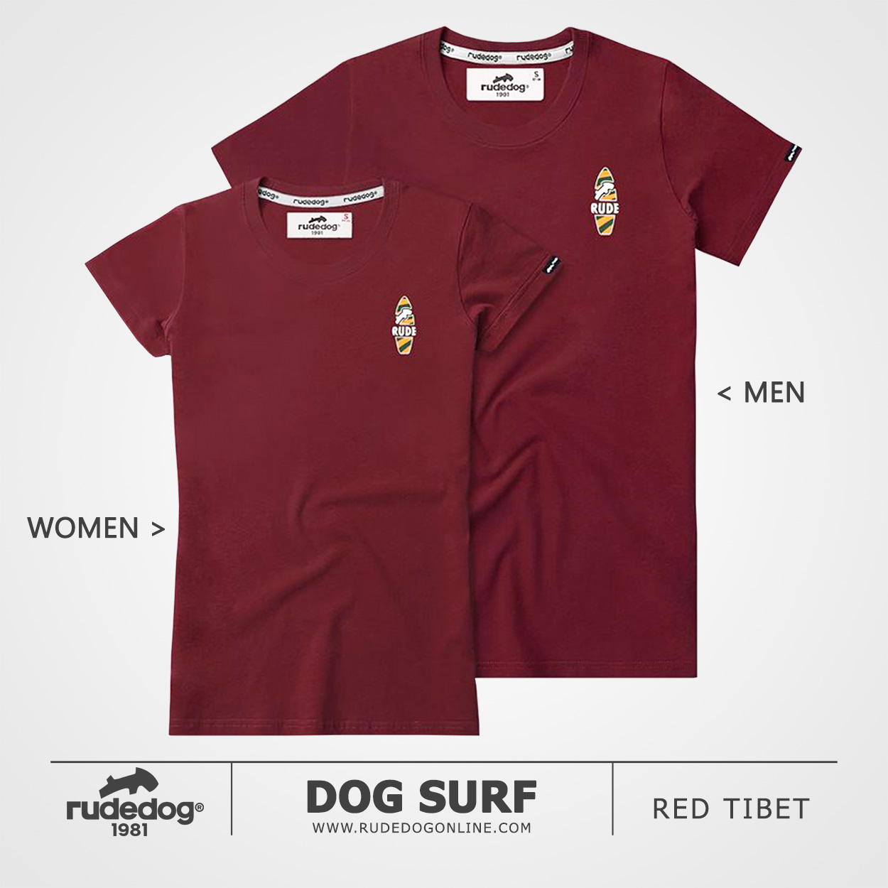 เสื้อยืด rudedog รุ่น Dog Surf สีแดงทิเบต